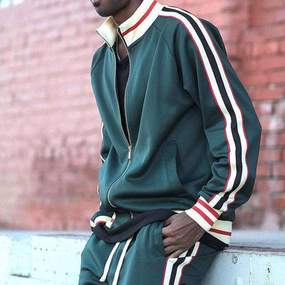 Sports Men Two-piece Suit in dark green with contrasting stripes, stylish athletic wear, Sahless Emporium.