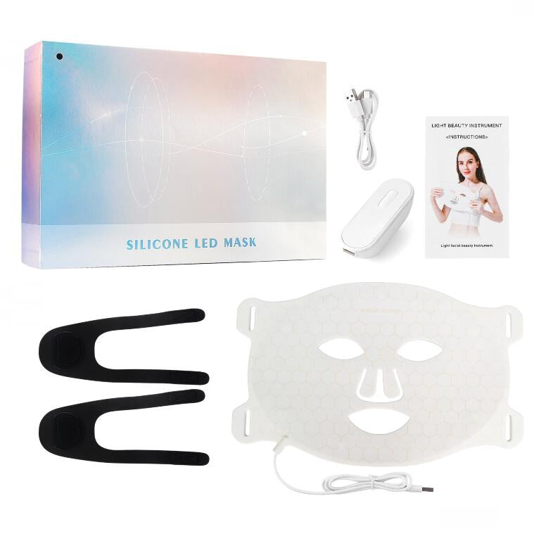Beauty USB Firming Phototherapy Silicone Mask with accessories and packaging.