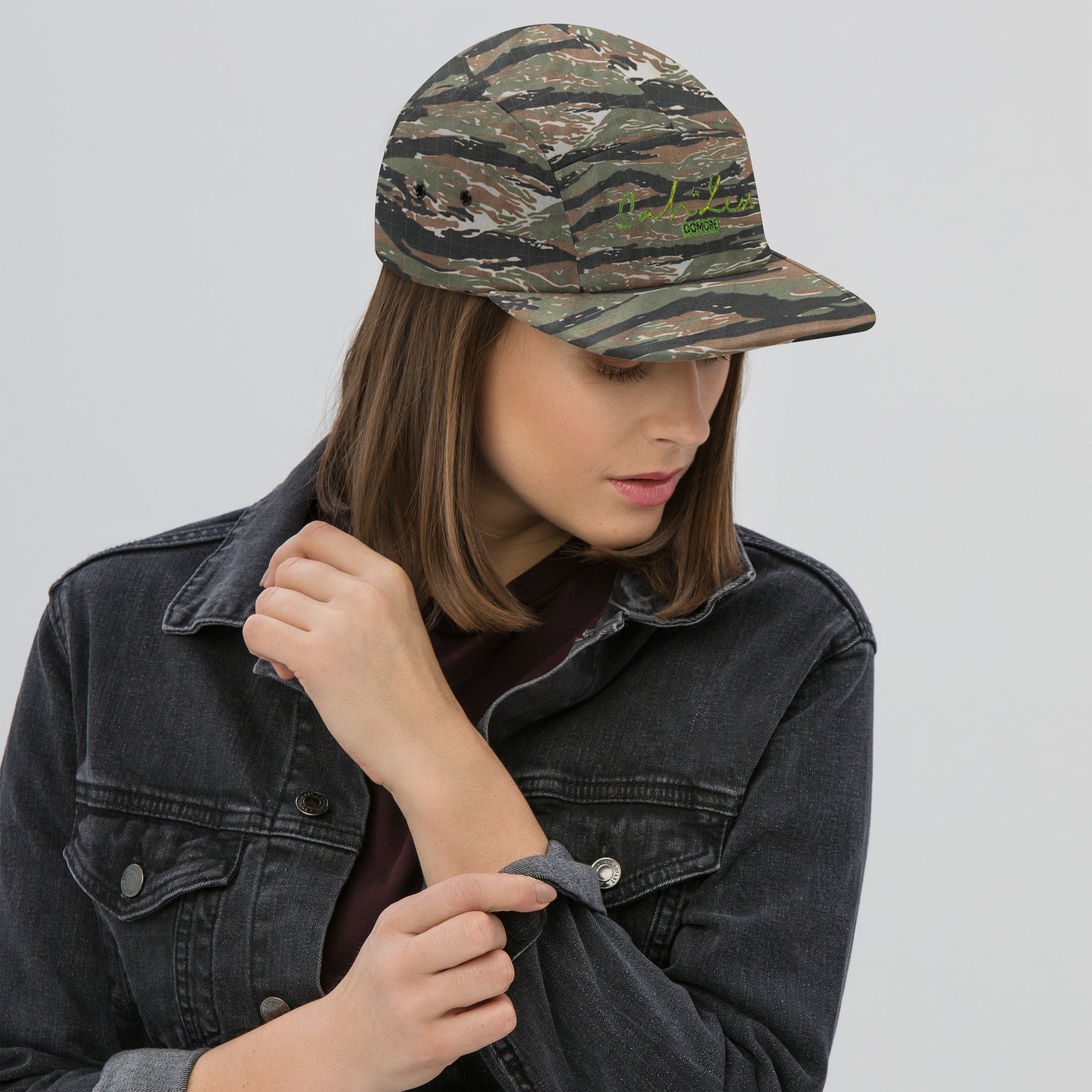SahLessDoMore Five Panel Cap in white with metal eyelets and nylon strap closure for modern, lightweight style