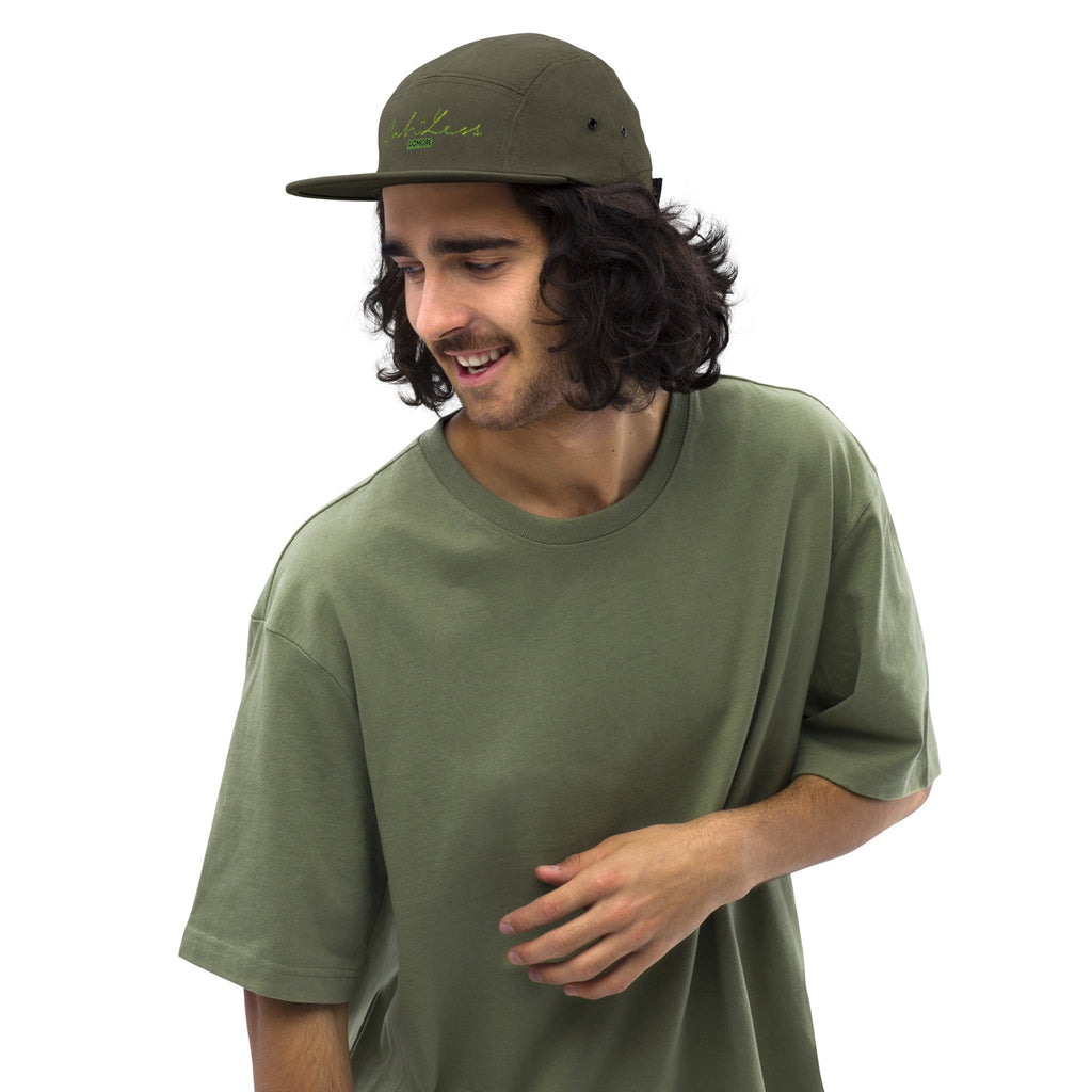 SahlessDoMore Five Panel Cap in black with low profile and nylon strap closure for everyday style