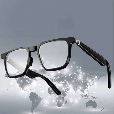 G01-09 AhhVision Pro Bluetooth Smart Glasses with sleek design and map background.