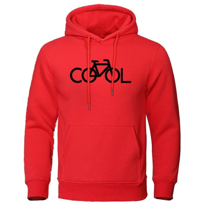Red Cool Vibes Hoodie with black bike-themed DTG print, premium soft cotton blend, unisex sweatshirt with front pocket and adjustable hood strings