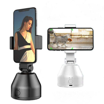 TrackEase™ 360° Smart Follow Camera in black and white, showcasing phone attachment and AI-powered tracking features.