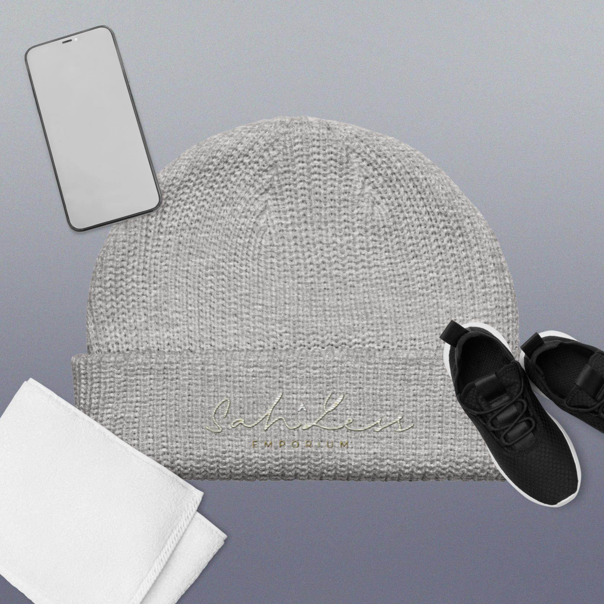 Fisherman beanie by SahLess Emporium in gray, cozy and versatile knit accessory for warmth and style.