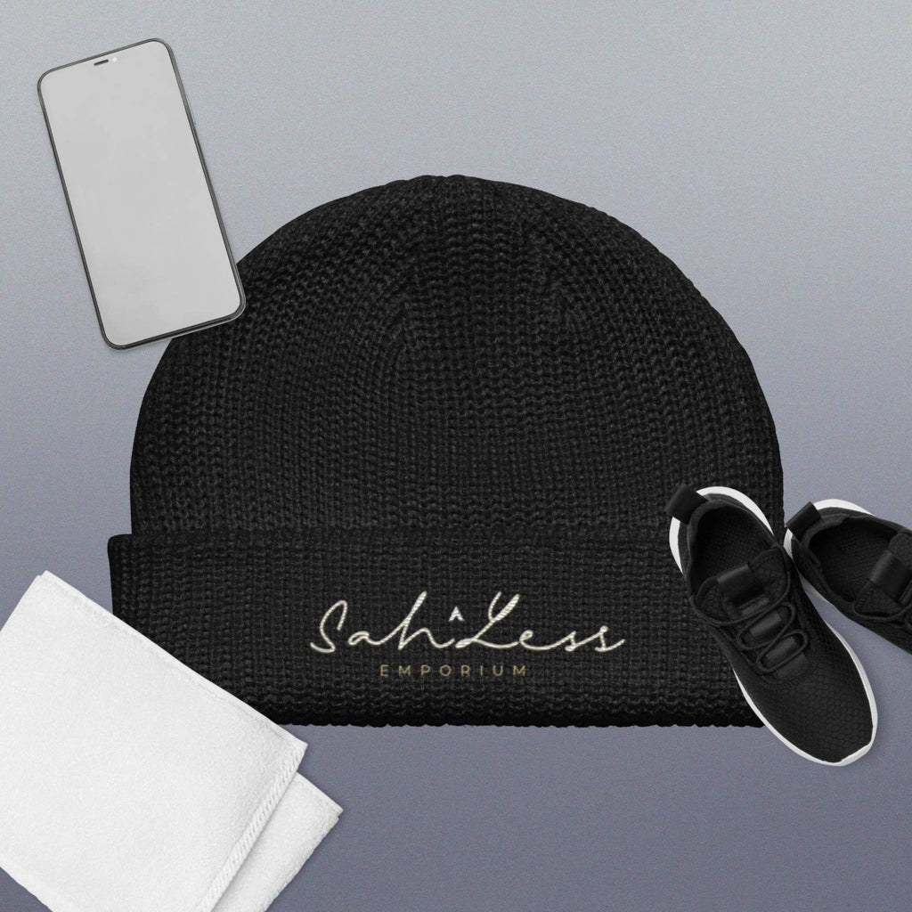Fisherman beanie from SahLess Emporium, black ribbed knit, stylish and warm accessory.