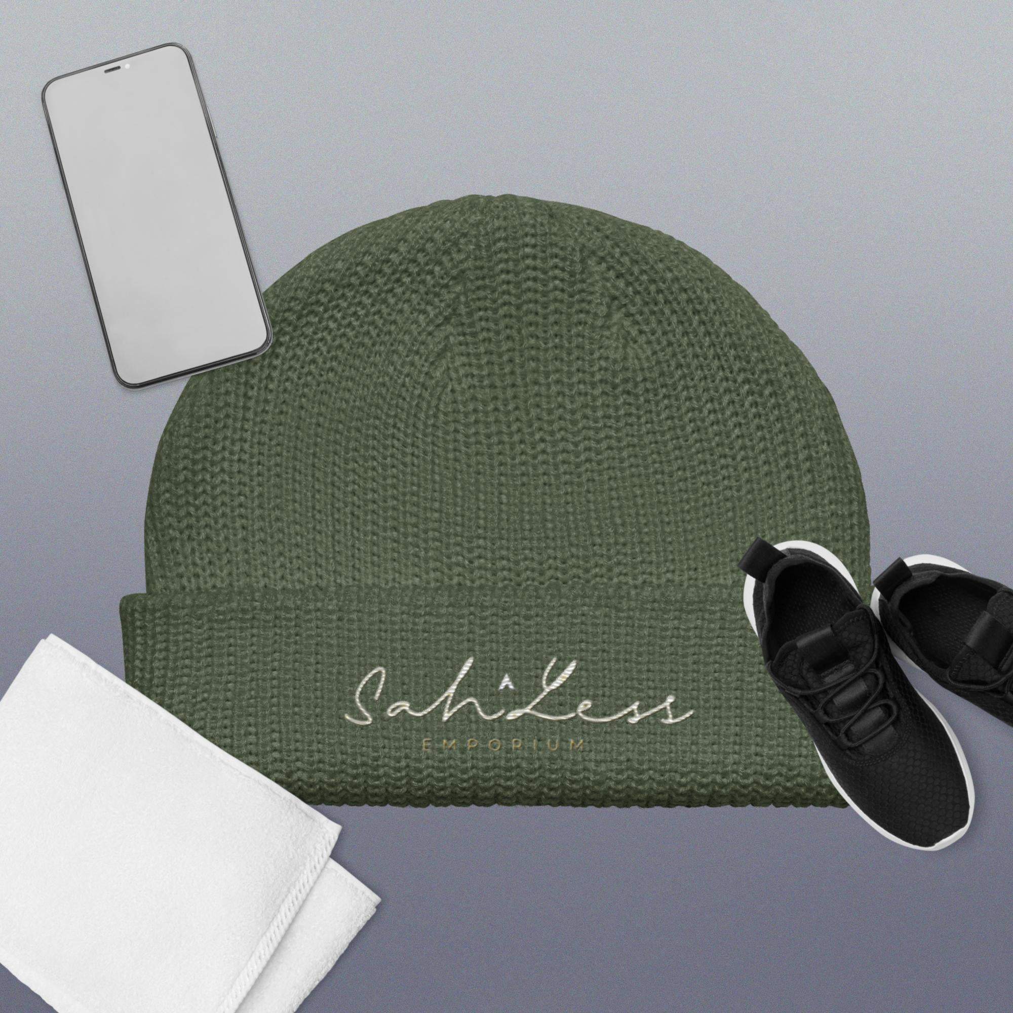 Fisherman beanie in green with SahLess Emporium logo, versatile knit style, cozy and warm for cold weather.