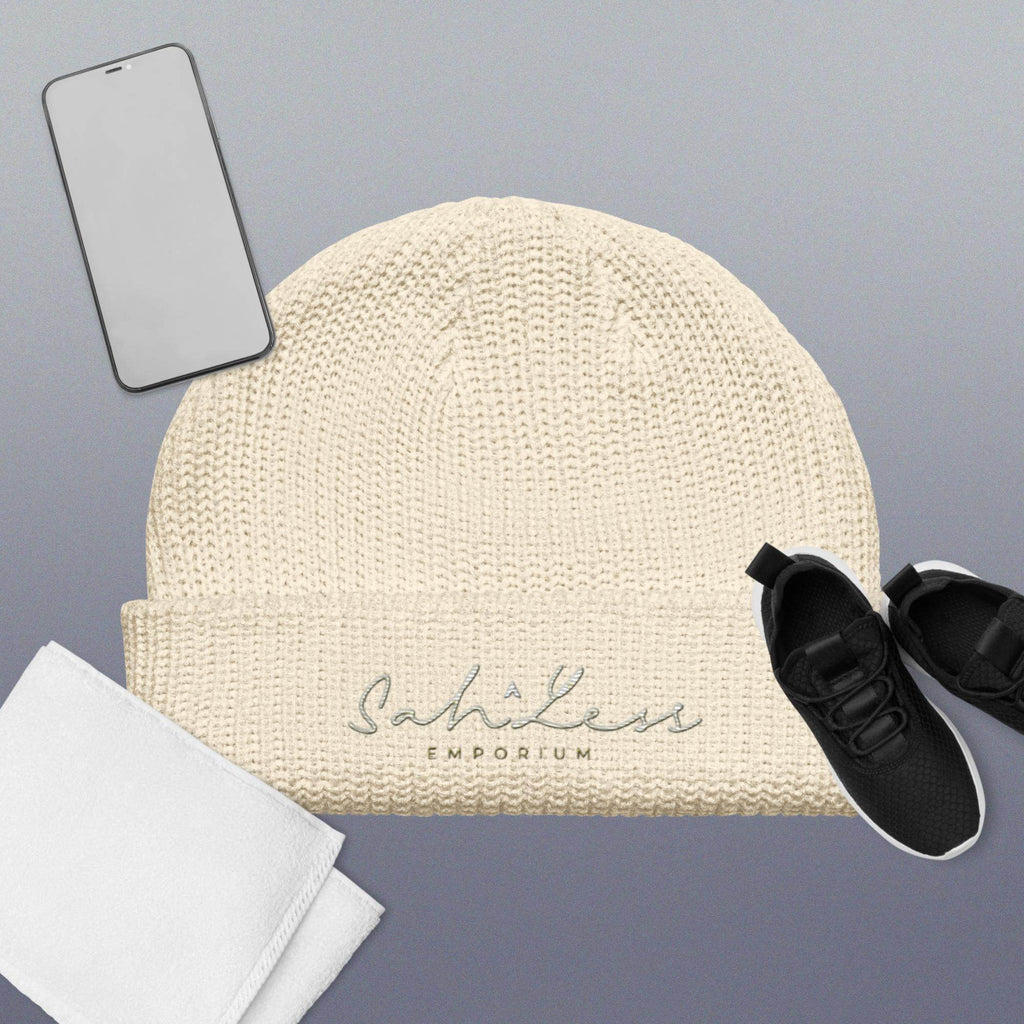 Fisherman beanie by SahLess Emporium, featuring wide ribbed knit and versatile style for warmth and comfort.