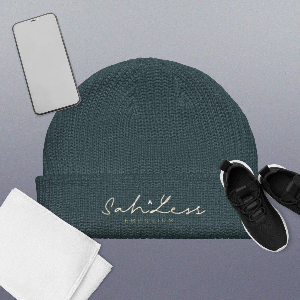 Fisherman beanie by SahLess Emporium with cozy ribbed knit design.