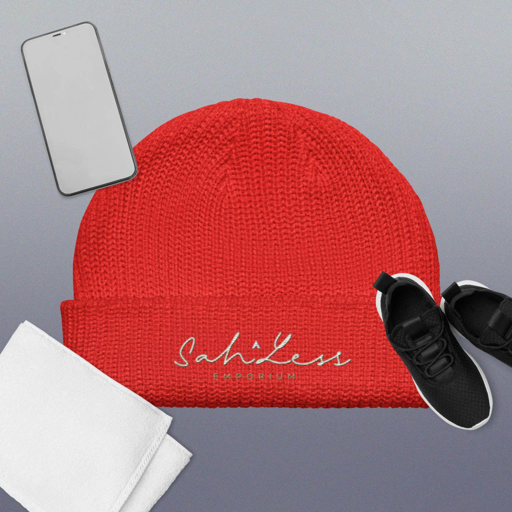 Red Fisherman Beanie by SahLess Emporium, featuring a snug ribbed knit design, ideal for stylish warmth.