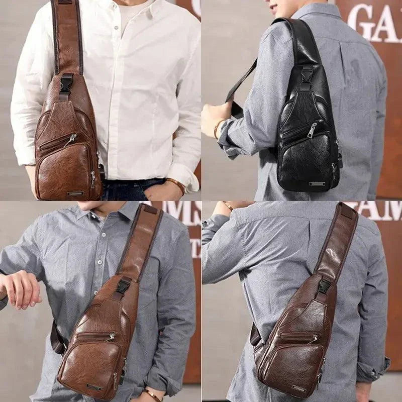 Men's travel cross body USB charging bag in brown and black colors worn by model, showcasing adjustable strap and multiple compartments.