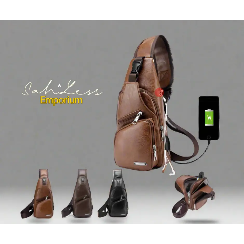 Men's crossbody travel bag with USB charging port, durable design, and adjustable strap for comfort.
