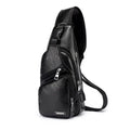 Men's travel cross body bag with USB charging, sleek black design, multiple compartments, adjustable strap.