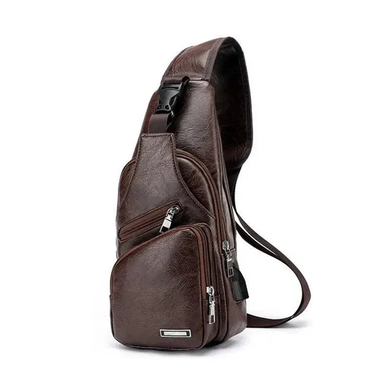 Men's travel cross body bag with USB charging, sleek design, adjustable strap, multiple compartments, and durable materials.