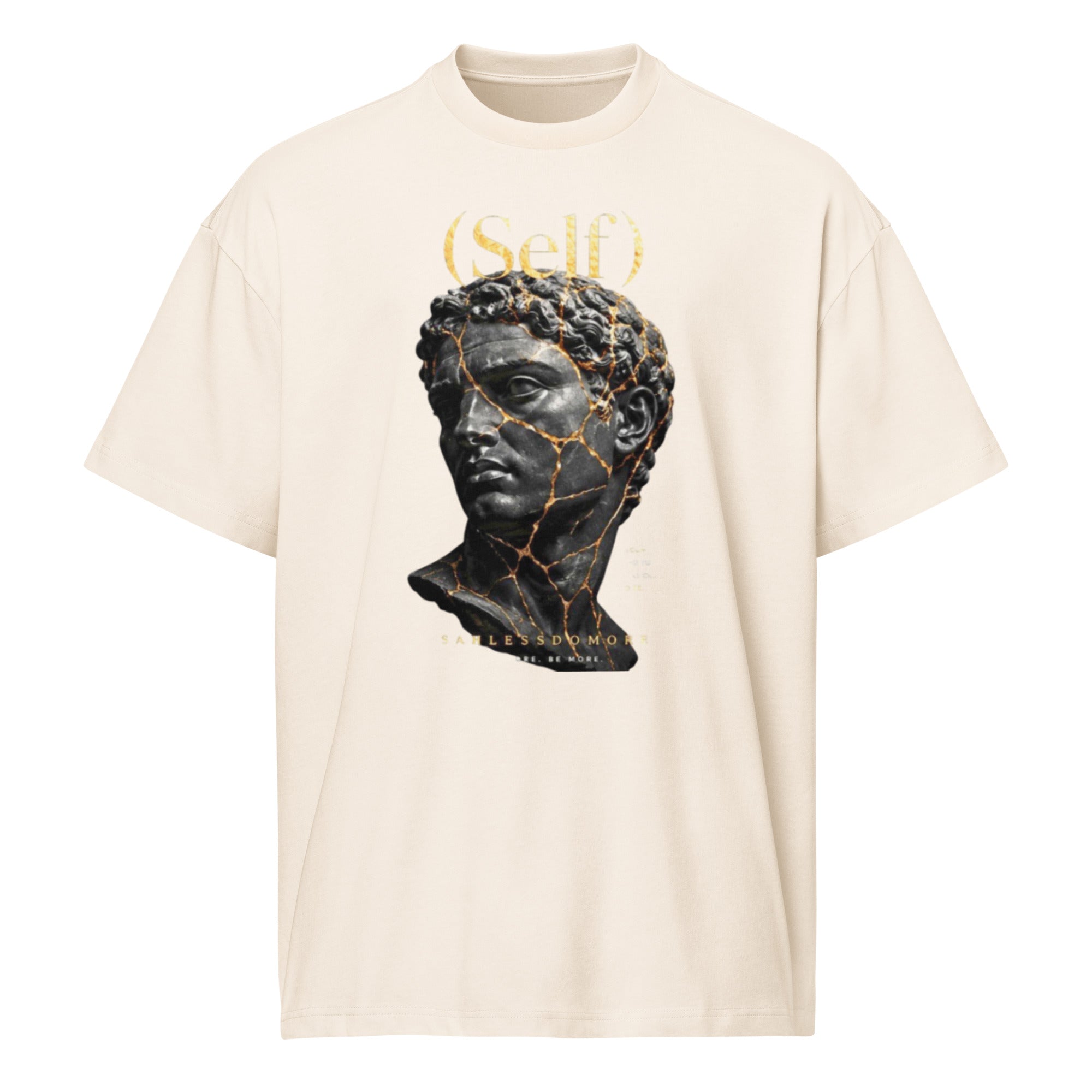 Men wearing oversized Self-Box Statue Tee with drop shoulder sleeves and ribbed collar in streetwear style