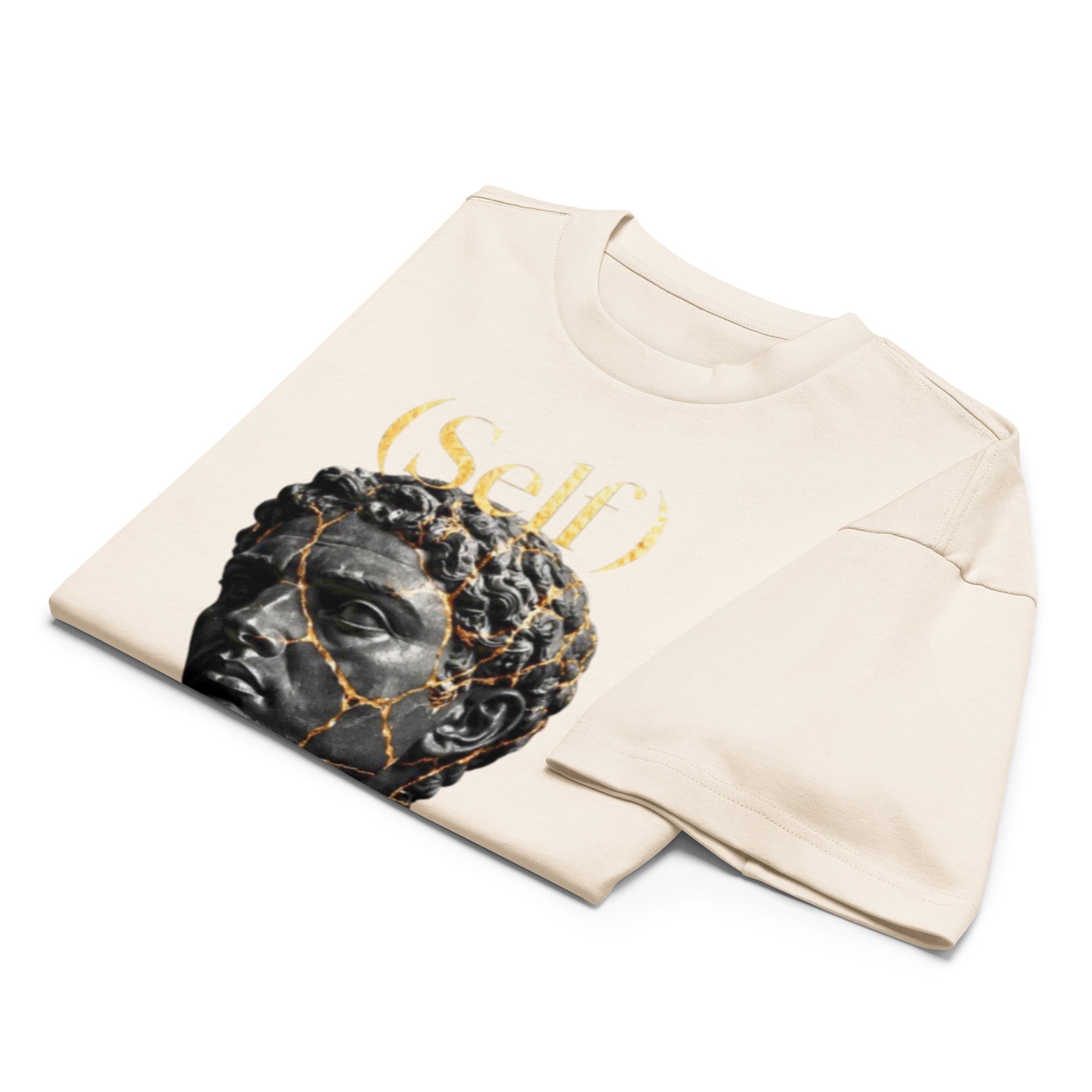 Men wearing Self-Box Statue Tee with oversized fit and reinforced neckline in streetwear style