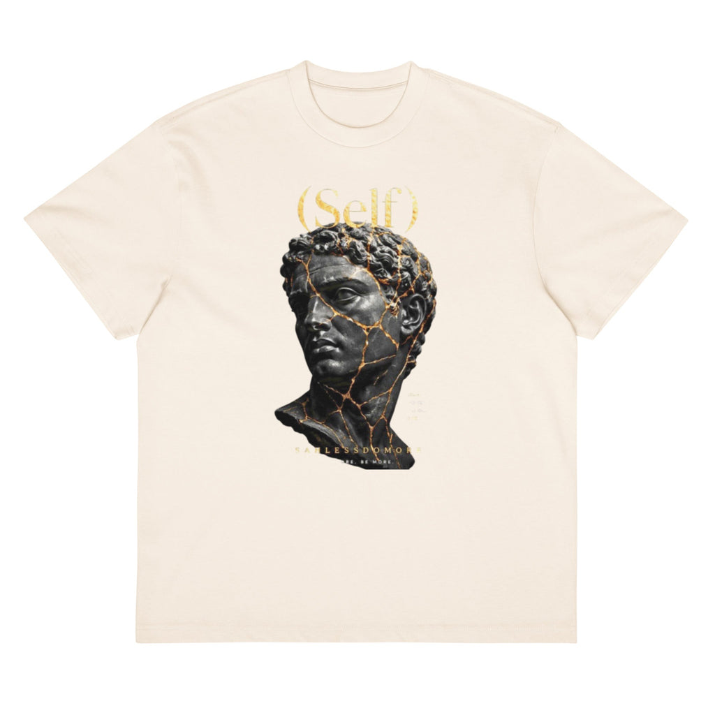 Men wearing oversized Self-Box Statue Tee with reinforced neckline and relaxed fit in streetwear style