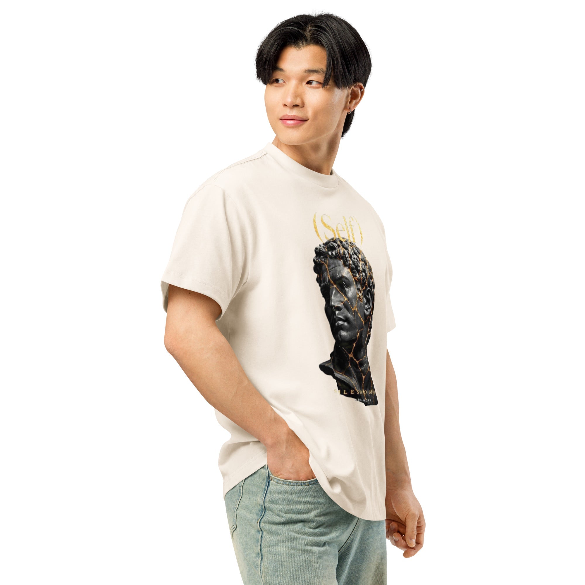 Men wearing Self-Box Statue Tee with oversized fit and reinforced neckline in relaxed streetwear style