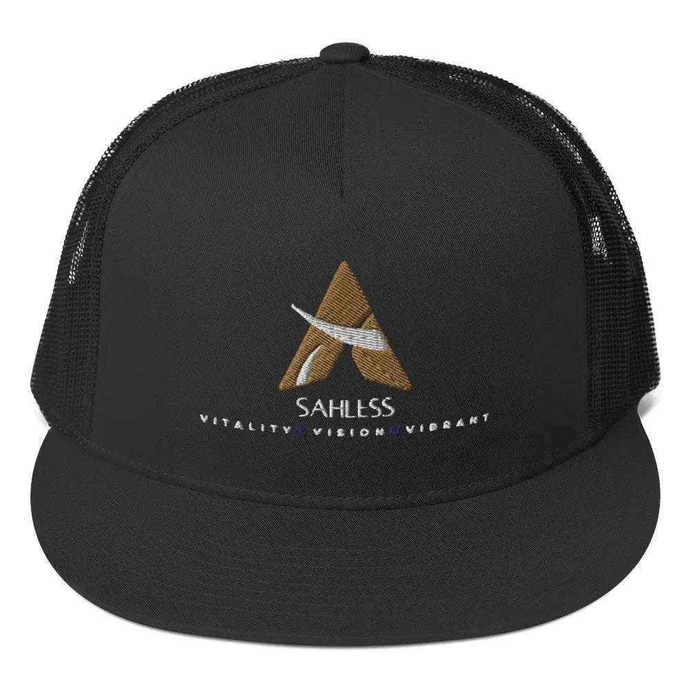 SahLess Cap Trucker in black with mesh back and logo.