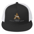 SahLess Cap Trucker in black and white with logo.