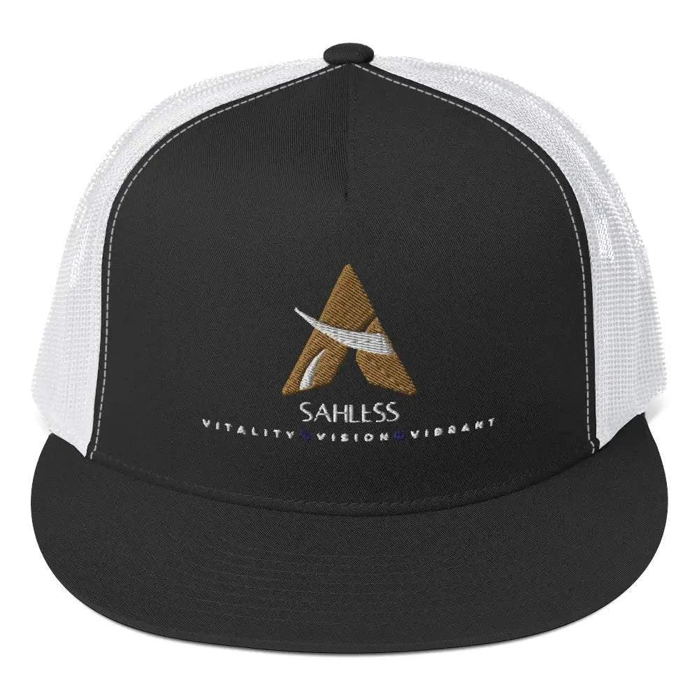 SahLess Cap Trucker in black and white with logo.