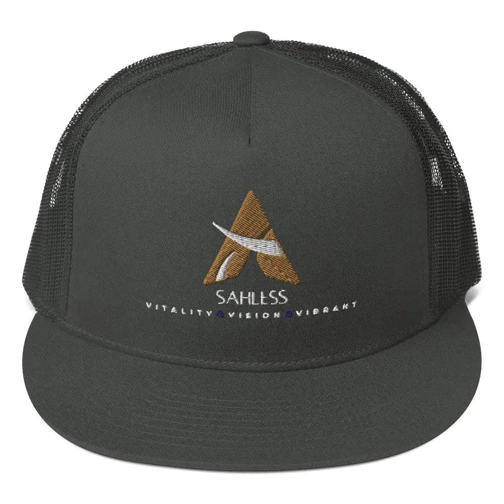 SahLess Cap Trucker with unique fabric blend and structured five-panel design.