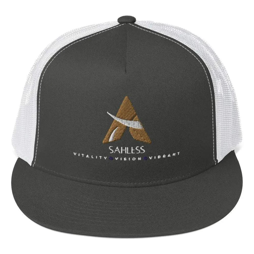 SahLess Cap Trucker in silver-black with structured five-panel design and snapback closure.