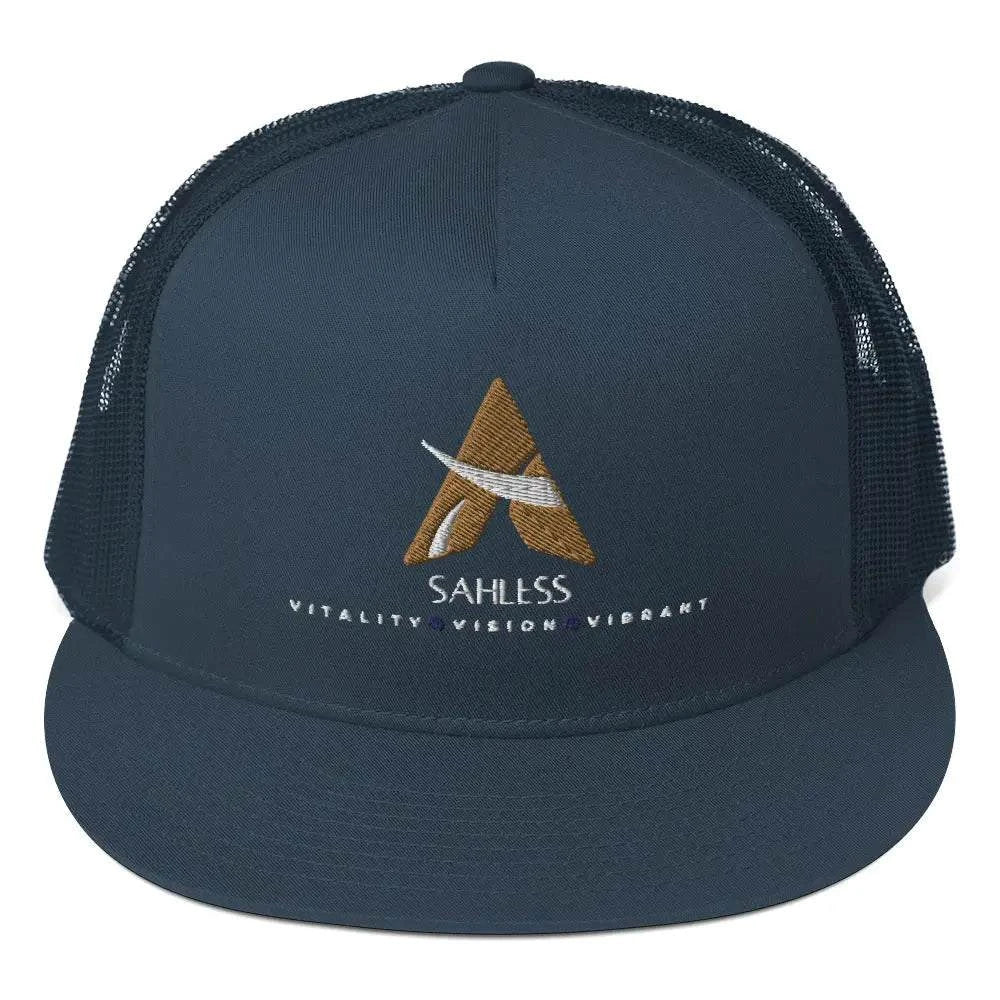 SahLess Cap Trucker in silver and black with a structured five-panel design.