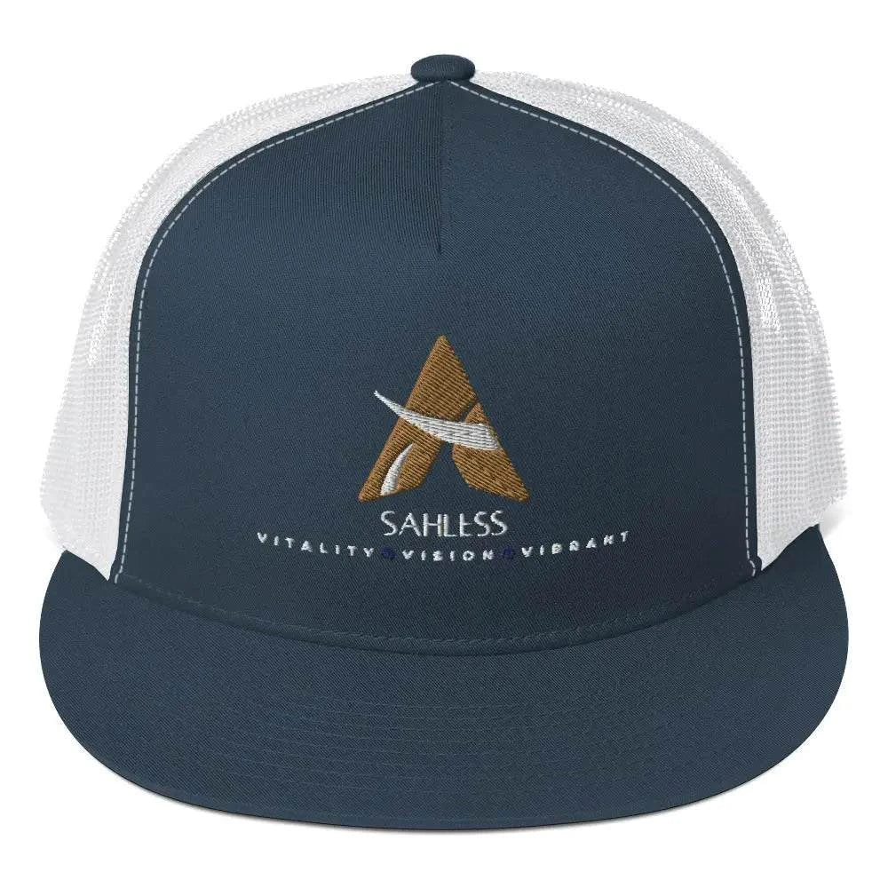 SahLess Cap Trucker with high profile structured design and snapback closure.