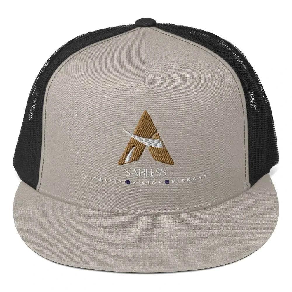 SahLess Cap Trucker, classic style, silver and black fabric blend.