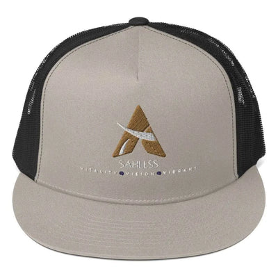 SahLess Cap Trucker, classic style, silver and black fabric blend.