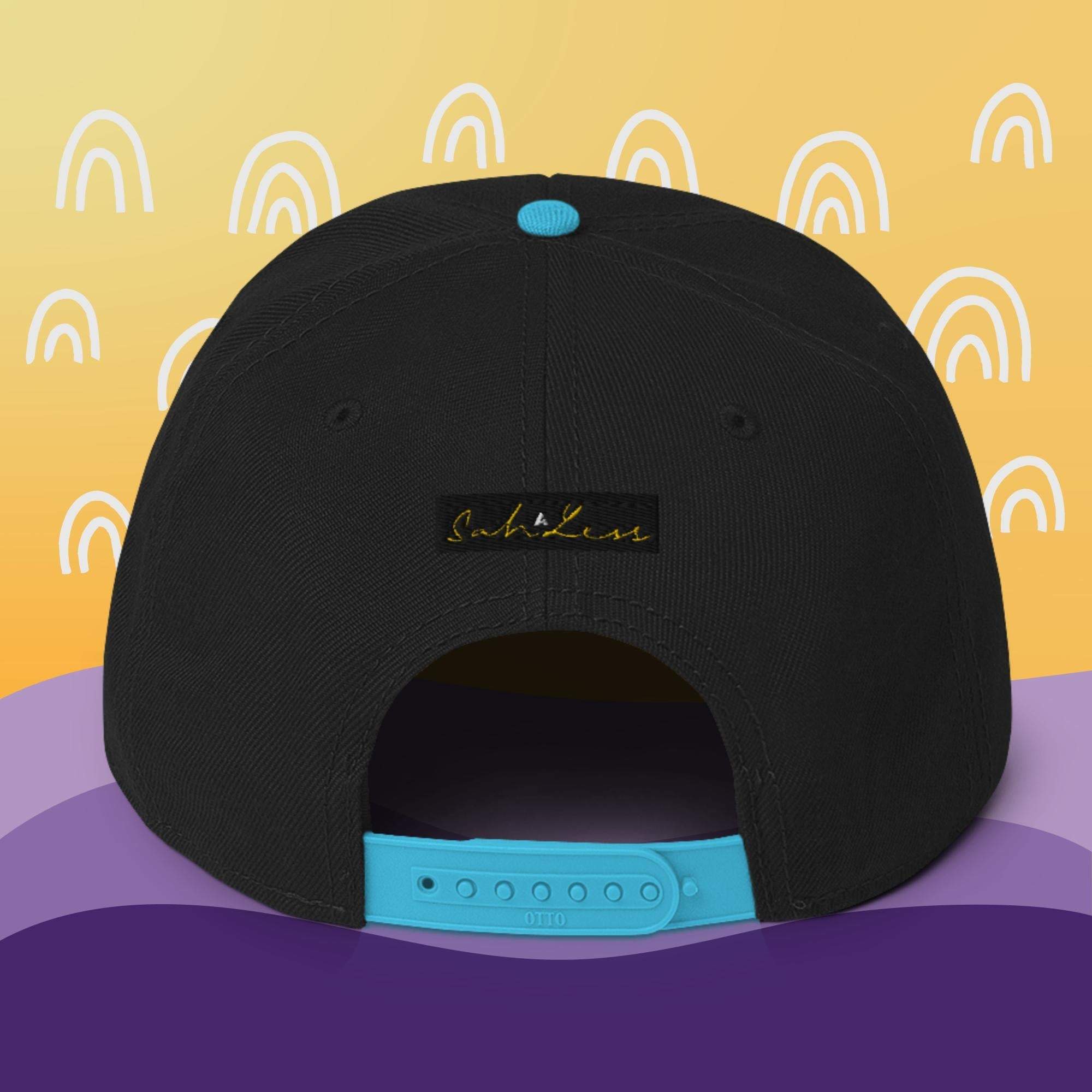 Snapback SahLess Hat with high-profile design, flat visor, and grey under visor.