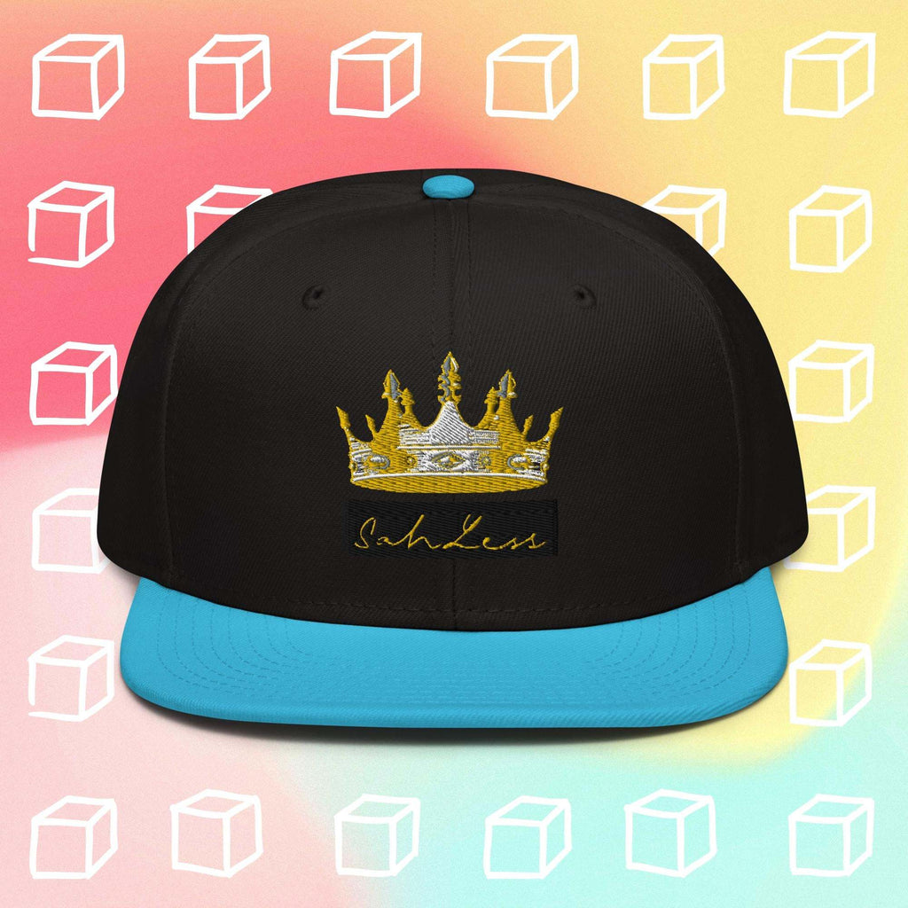 Snapback SahLess Hat with flat visor and grey under visor, featuring a crown design on a colorful background.