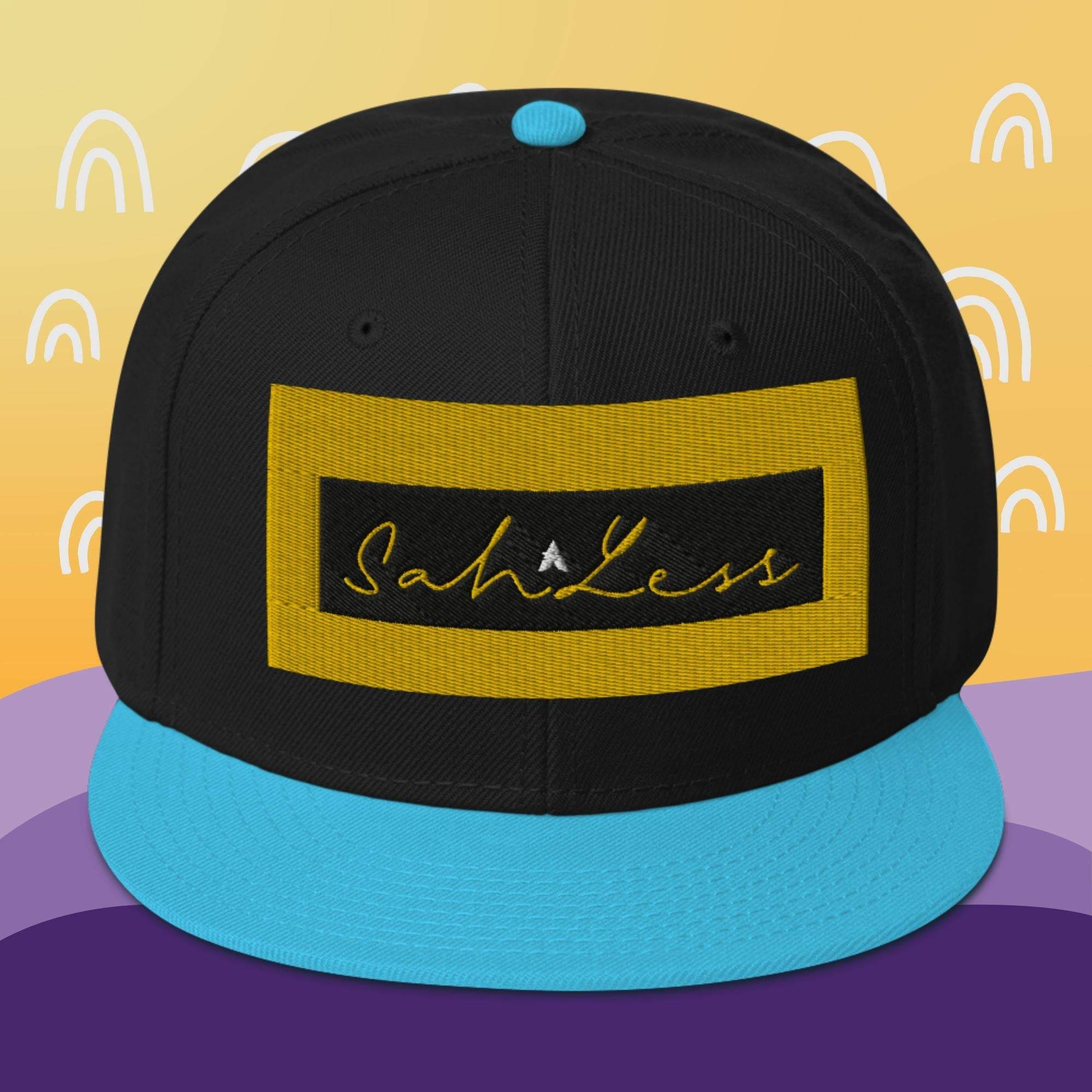 Snapback SahLess Hat with high-profile design and flat visor.