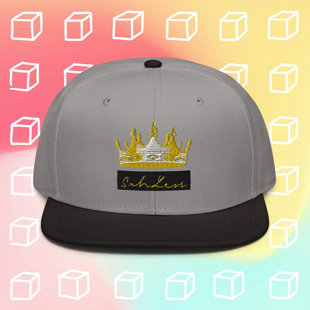 Snapback SahLess Hat with flat visor and grey under visor.
