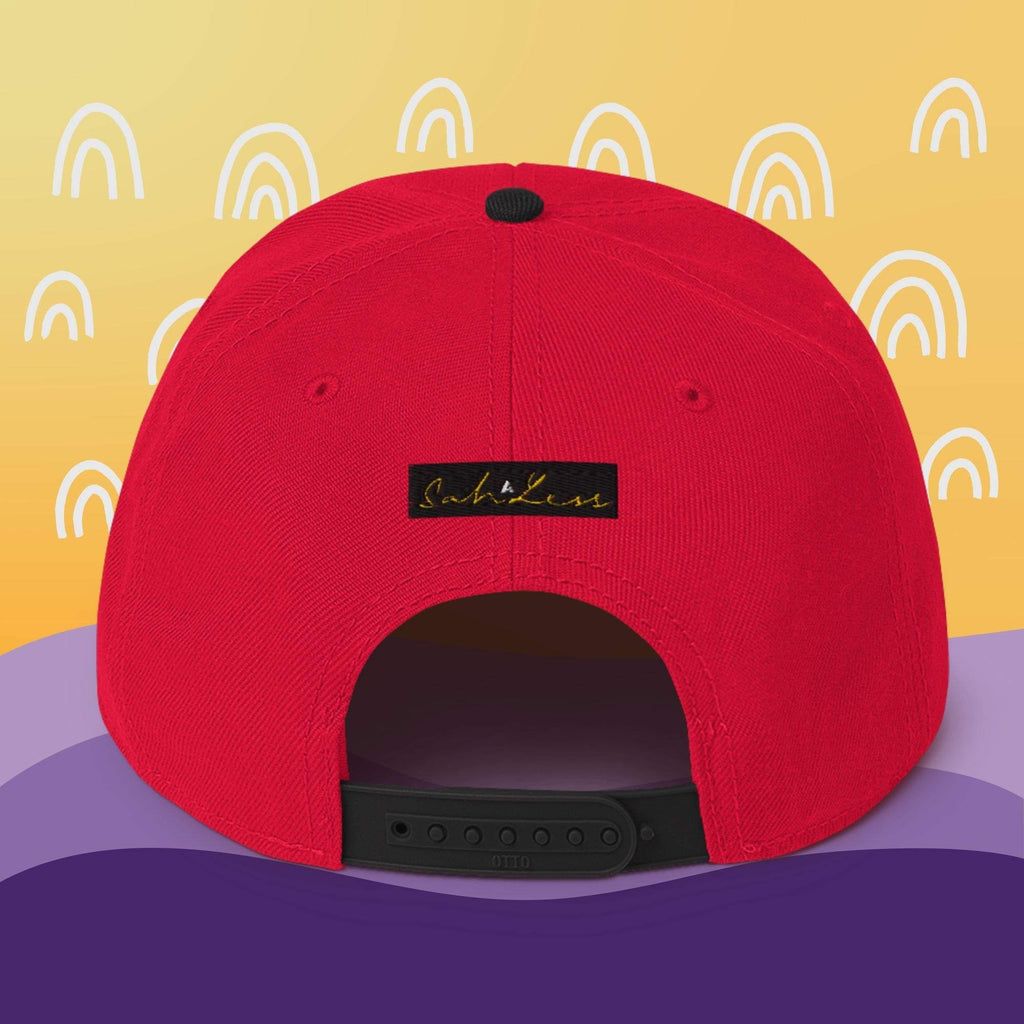 Red Snapback SahLess Hat with plastic snap closure and flat visor.