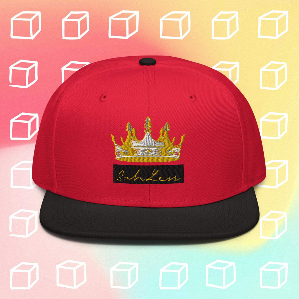 Red Snapback SahLess Hat with gold crown design, structured and high-profile with black flat visor.