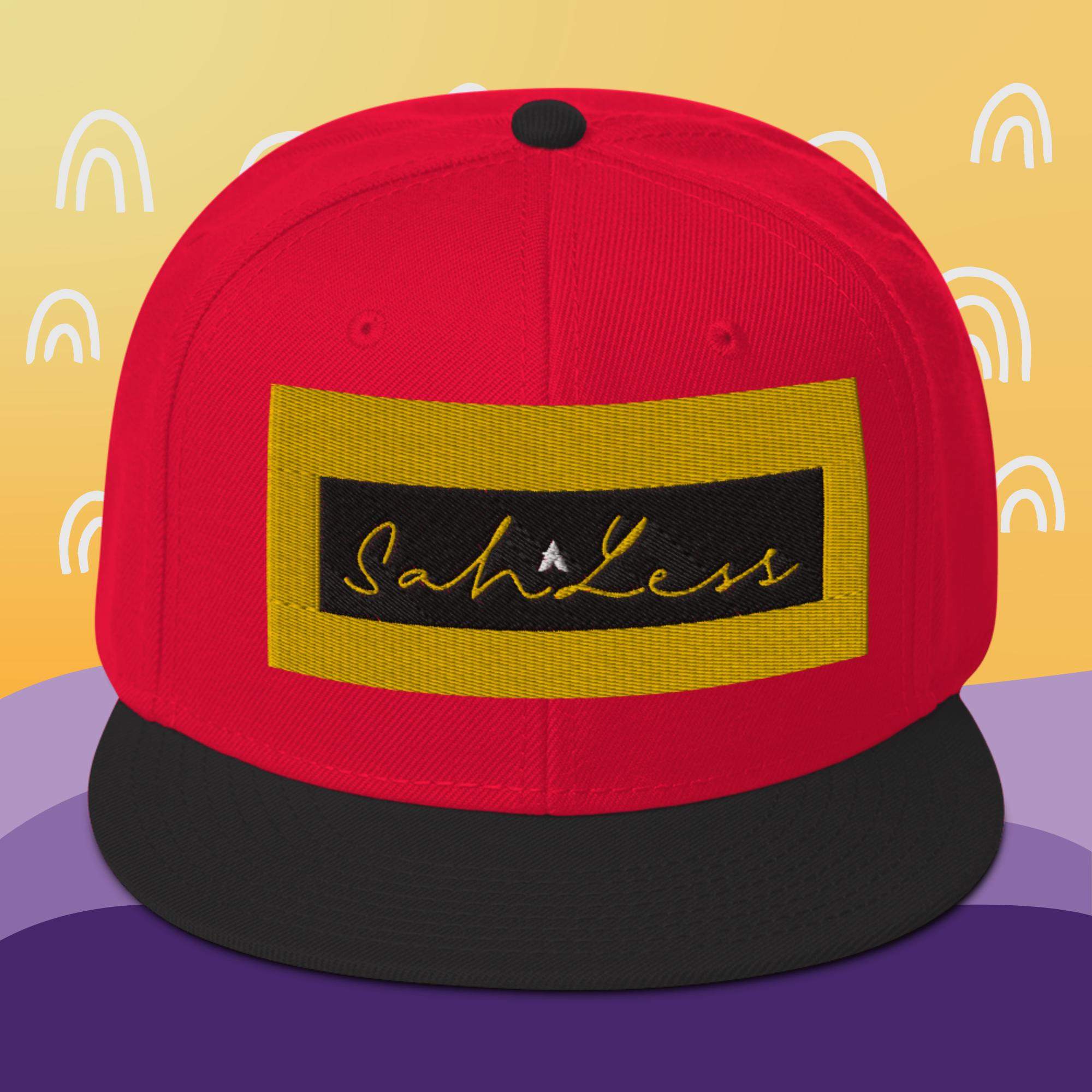 Snapback SahLess Hat with flat visor and grey under visor.