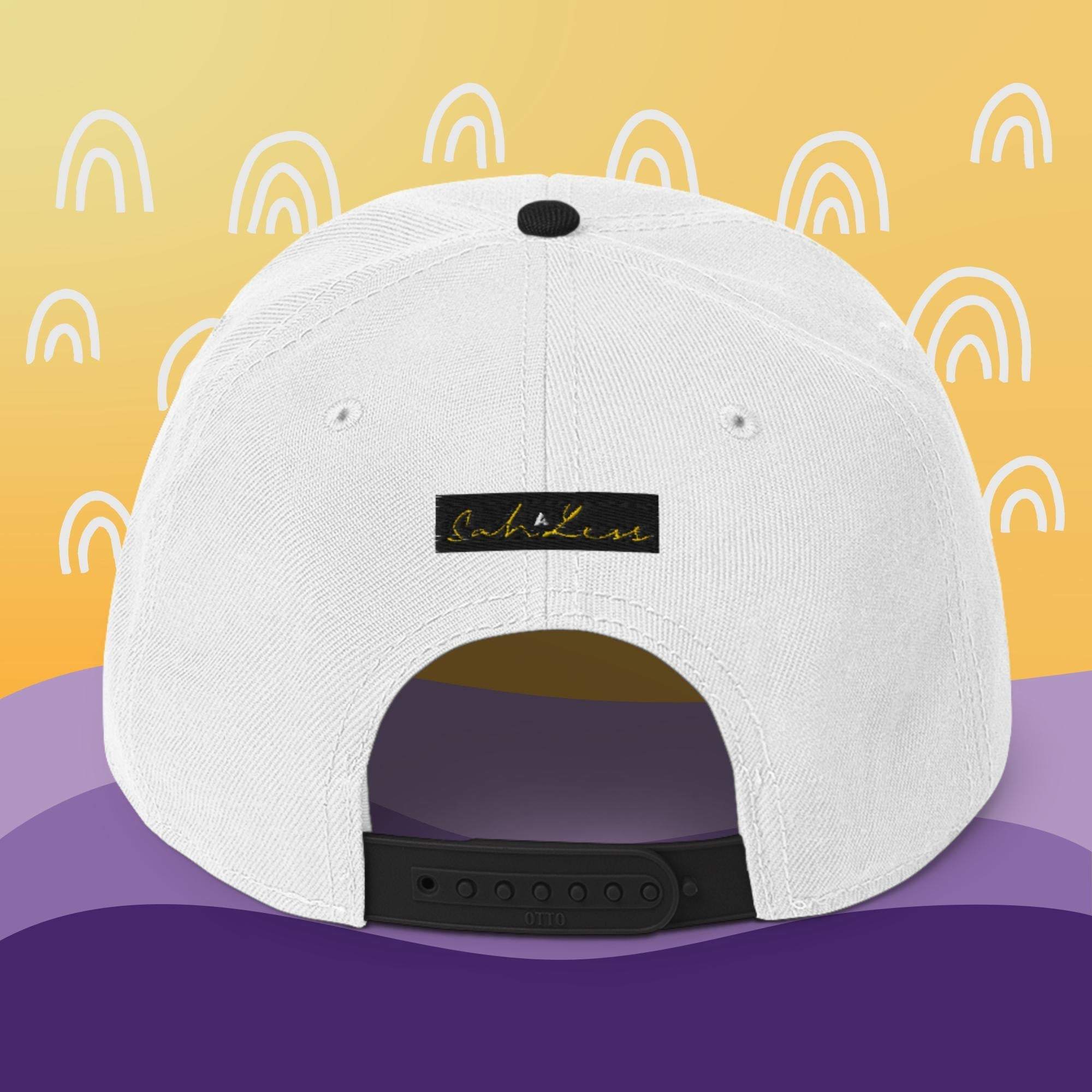Snapback SahLess Hat with white structured design, high-profile, flat visor, and adjustable snap closure.