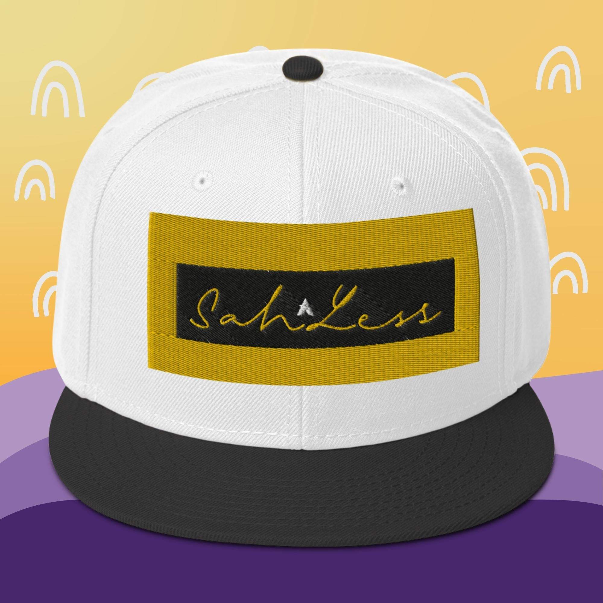 Snapback SahLess Hat with flat visor and grey under visor.