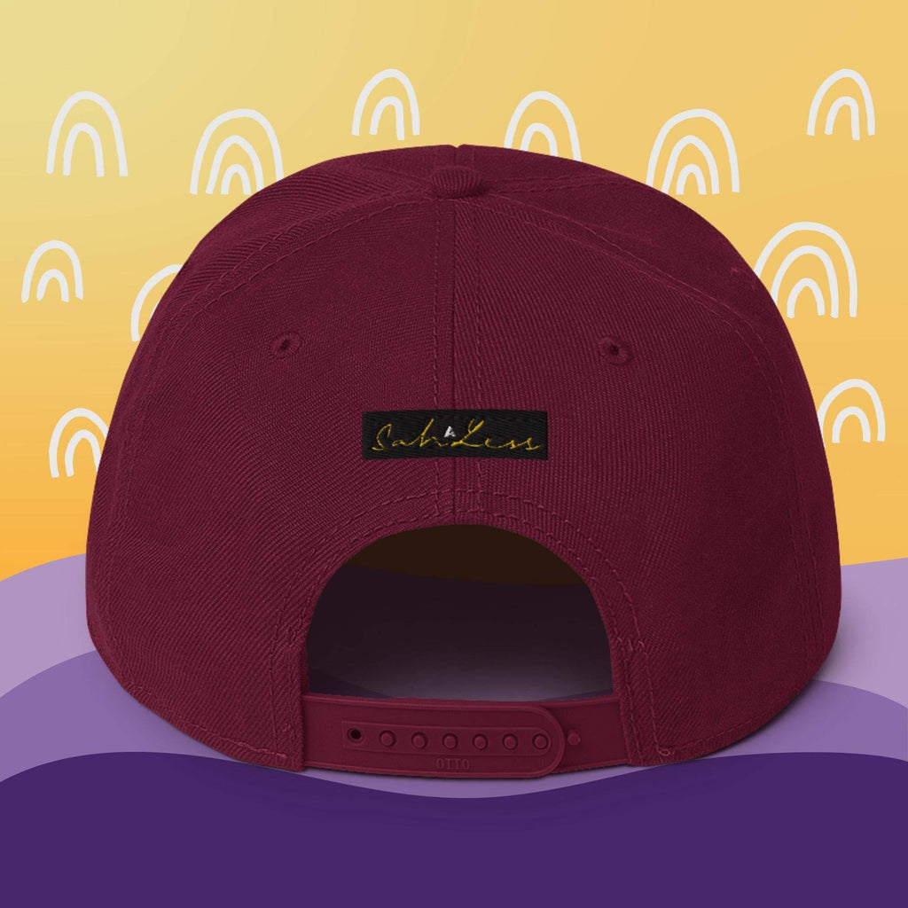 Snapback SahLess Hat with structured high-profile design and flat visor.