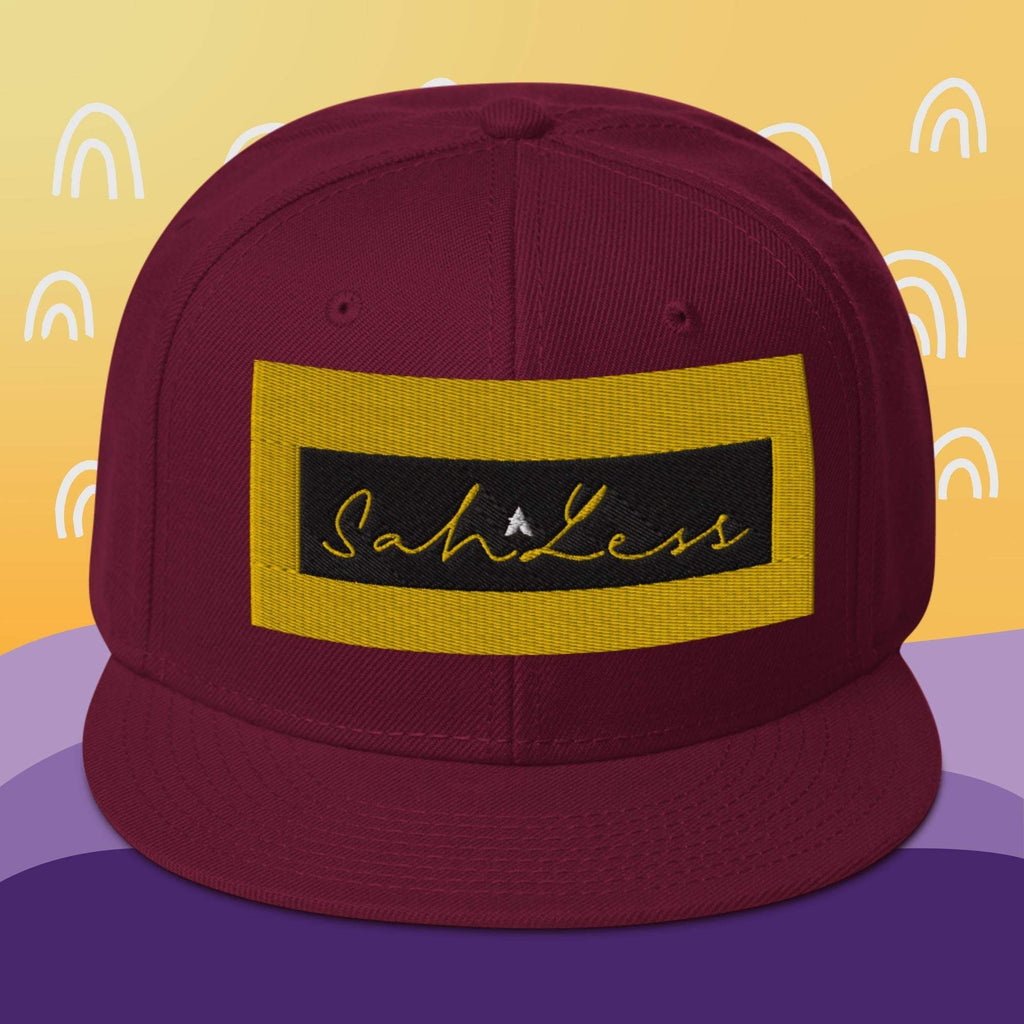 Snapback SahLess Hat with flat visor and grey under visor.