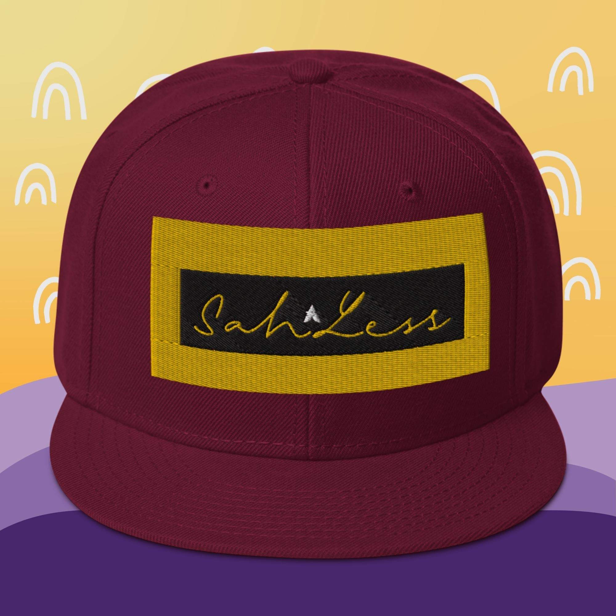 Snapback SahLess Hat with flat visor and grey under visor.