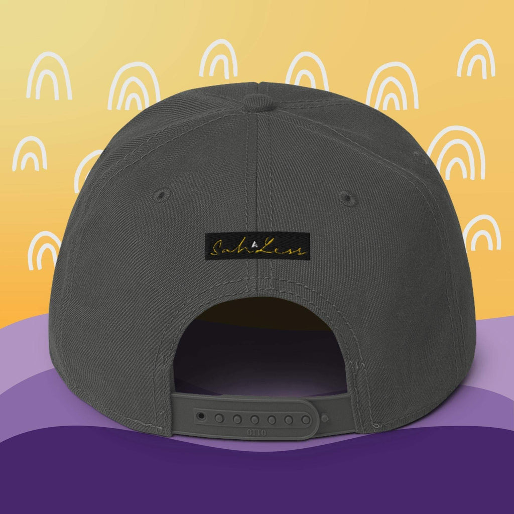 Snapback SahLess Hat with flat visor and grey under visor.