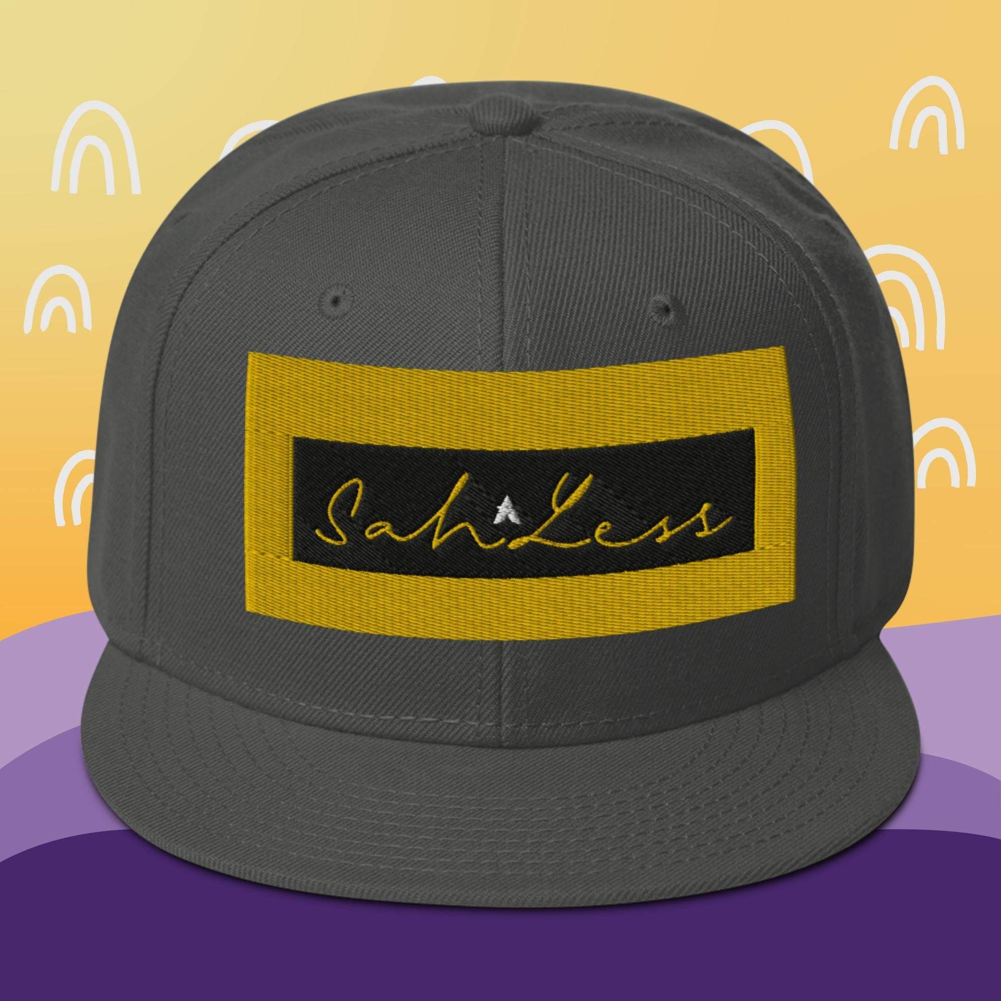 Snapback SahLess Hat with structured high-profile design and gray under visor.