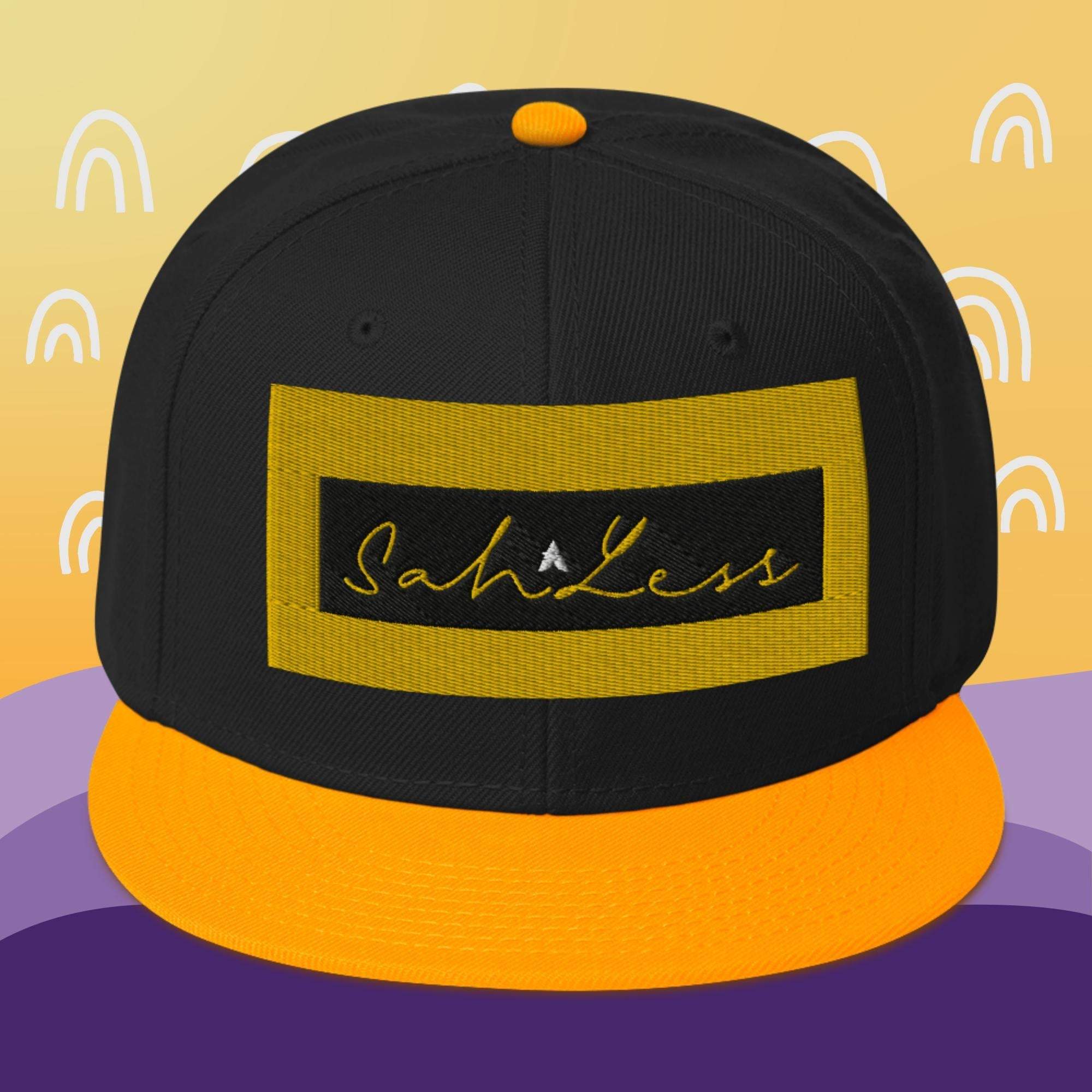 Snapback SahLess Hat with structured design and grey under visor.