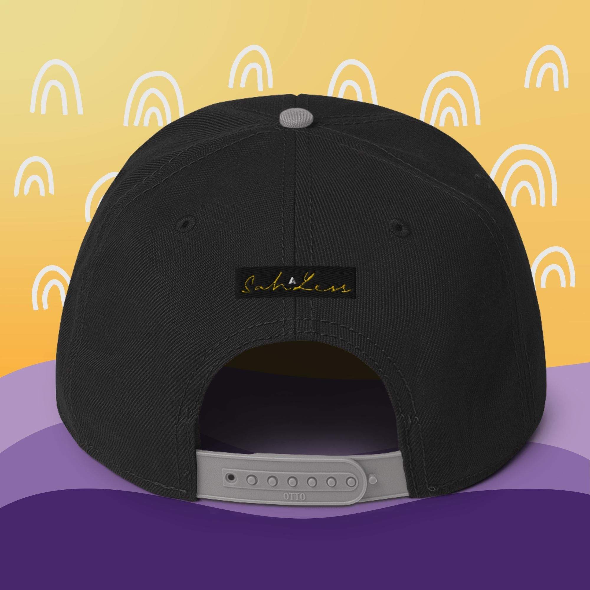 Snapback SahLess Hat with structured black design and grey under visor.