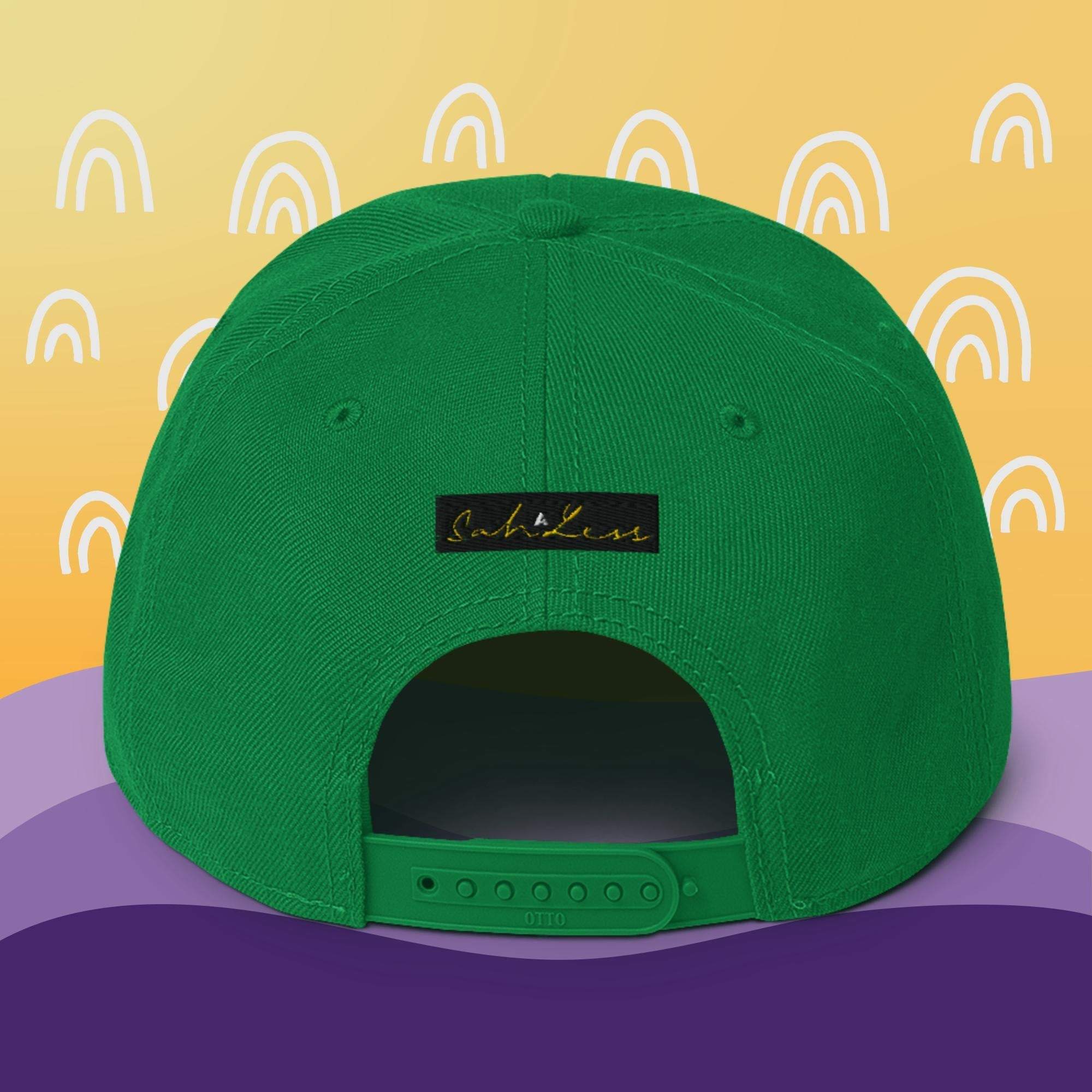 Green Snapback SahLess Hat with structured design, high-profile, and flat visor.