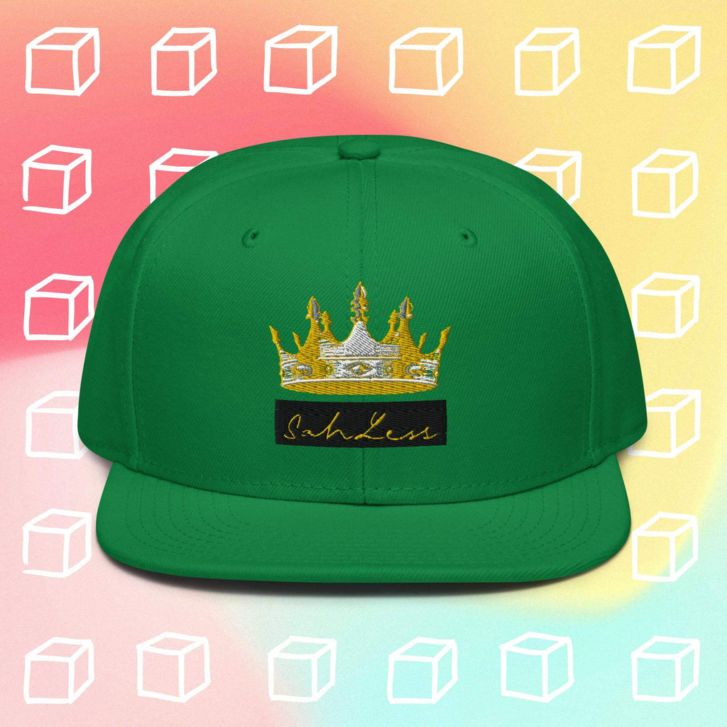 Snapback SahLess Hat with crown logo, green flat visor, structured high-profile design.