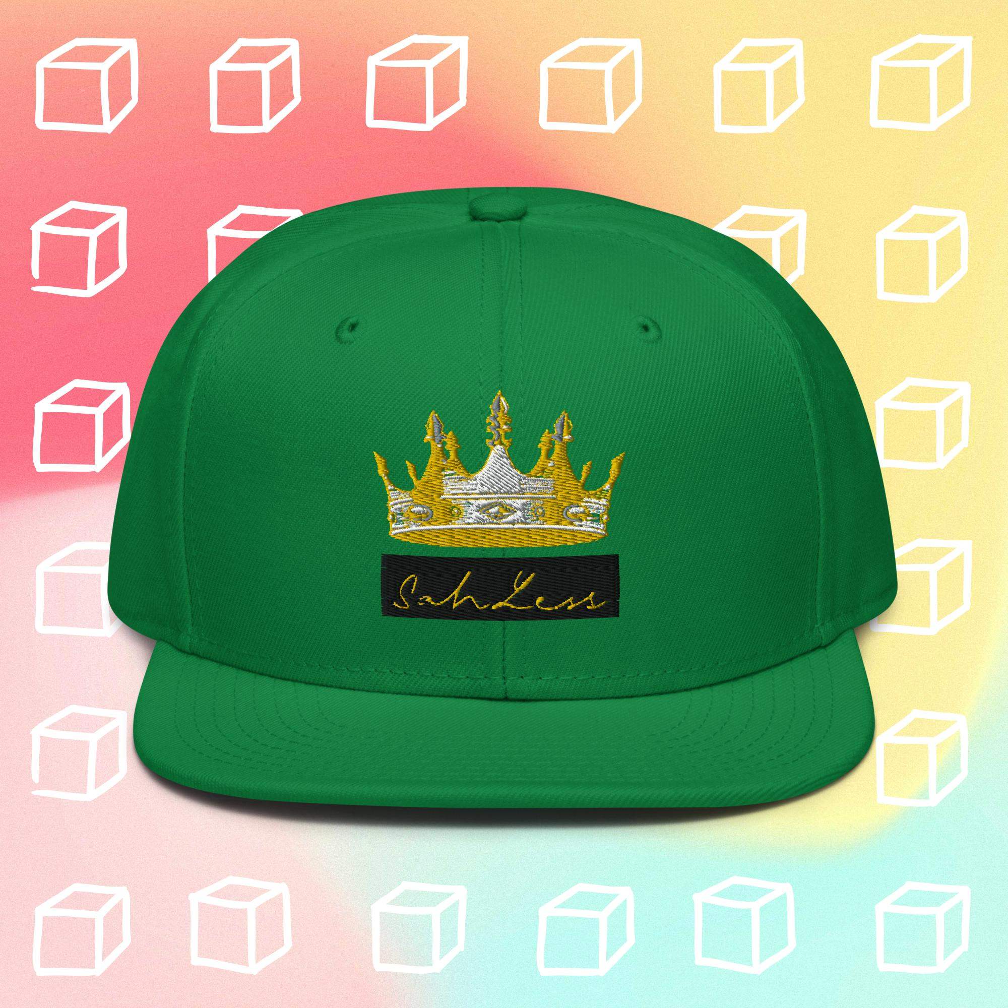 Snapback SahLess Hat with crown logo, green flat visor, structured high-profile design.