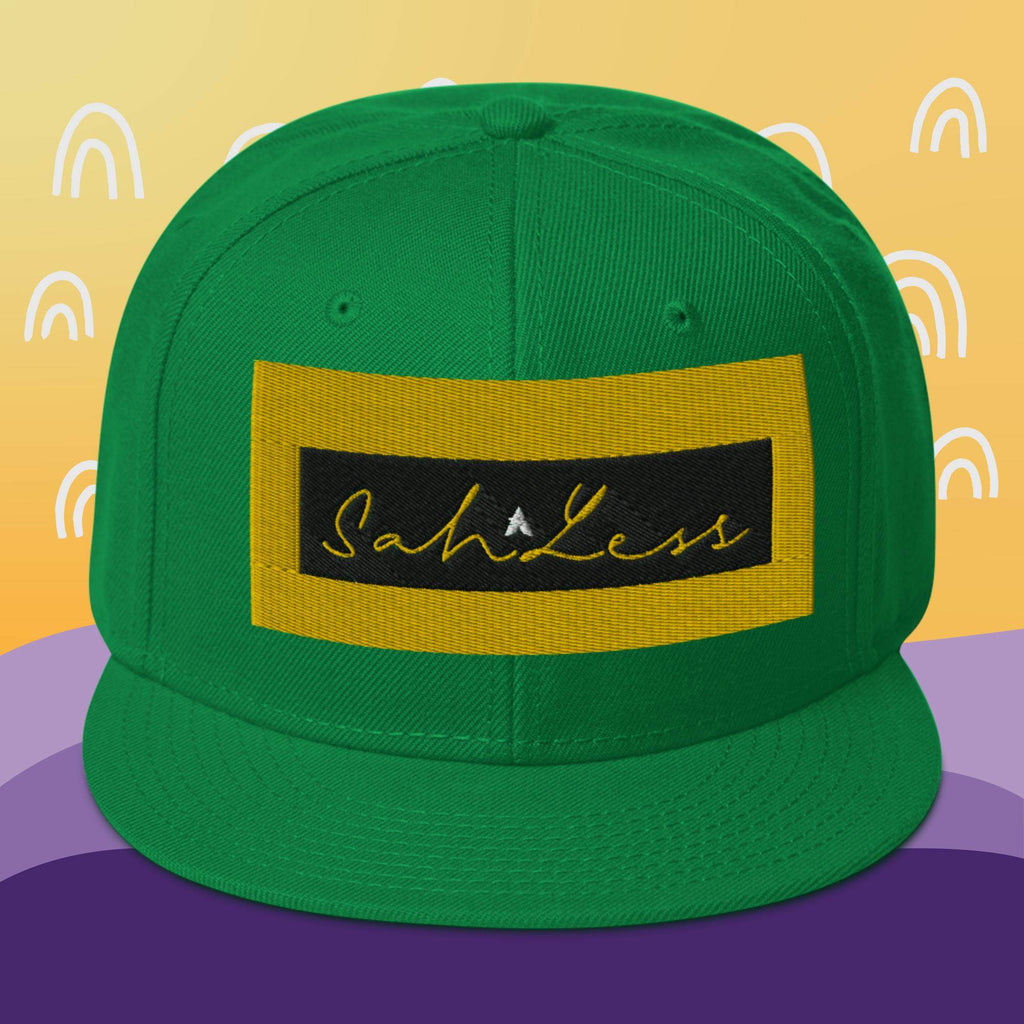 Snapback SahLess Hat with green structured design and flat visor.